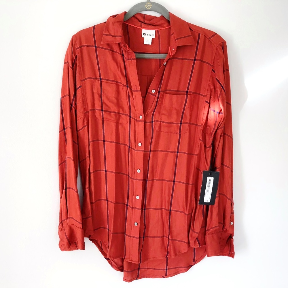 Stylus Burnt Orange and Navy Plaid Button Down NWT